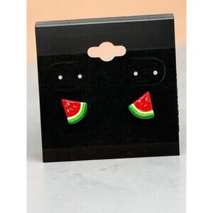 S925 Watermelon Slice Plastic Stud Earrings Red Green Asymmetrical Fruit Jewelry